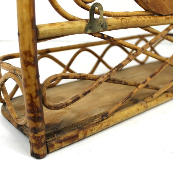 Vintage 1970's Bamboo Aged Wall Shelf Round Mirror Boho Retro As-Is - Picture 7 of 10